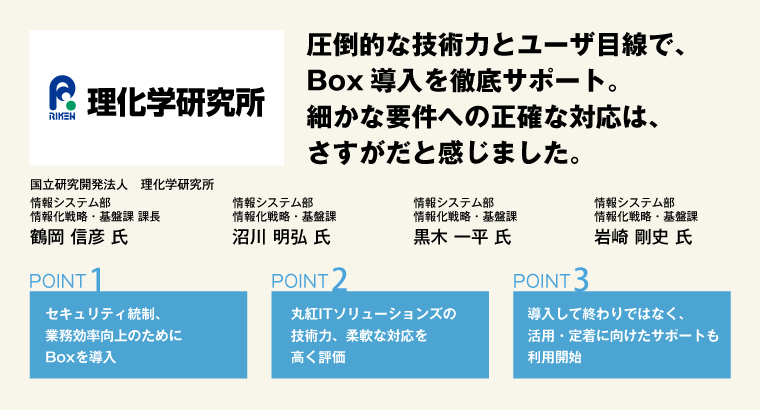 圧倒的な技術力とユーザ目線で、Box導入を徹底サポート。細かな要件への正確な対応は、
さすがだと感じました。国立研究開発法人　理化学研究所　情報システム部 情報化戦略・基盤課 課長 鶴岡 信彦 氏／情報システム部 情報化戦略・基盤課 沼川 明弘 氏／情報システム部 情報化戦略・基盤課 黒木 一平 氏／情報システム部 情報化戦略・基盤課 岩崎 剛史 氏