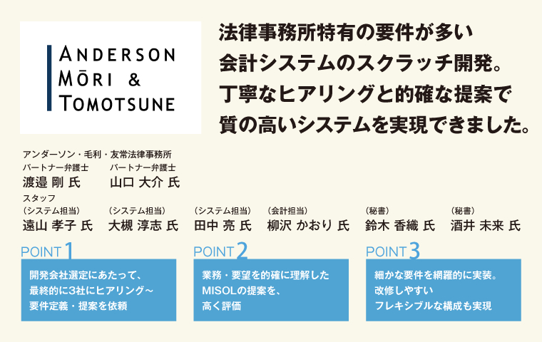 法律事務所特有の要件が多い会計システムのスクラッチ開発。丁寧なヒアリングと的確な提案で質の高いシステムを実現できました。アンダーソン・毛利・友常法律事務所　パートナー弁護士　渡邉 剛 氏／パートナー弁護士　山口 大介 氏／スタッフ（システム担当）　遠山 孝子 氏／（システム担当）　大槻 淳志 氏／（システム担当）　田中 亮 氏／（会計担当）　柳沢 かおり 氏／（秘書）　鈴木 香織 氏／（秘書）　酒井 未来 氏