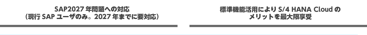 SAP2027年問題への対応（現行SAPユーザのみ。2027年までに要対応） / 標準機能活用によりS/4 HANA Cloudのメリットを最大限享受