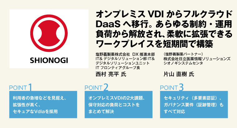 オンプレミスVDI からフルクラウドDaaS へ移行。あらゆる制約・運用負荷から解放され、柔軟に拡張できるワークプレイスを短期間で構築。塩野義製薬株式会社　DX推進本部　IT&デジタルソリューション部IT&デジタルソリューションユニット　ITフロンティアグループ長　西村 亮平 氏／（塩野義製薬パートナー）株式会社日立医薬情報ソリューションズ　シオノギシステムセンタ　片山 直樹 氏